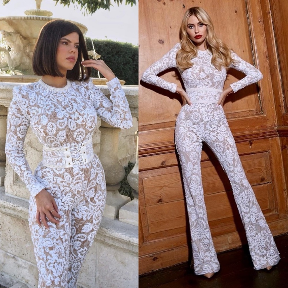 Nadine Merabi Bella White Jumpsuit in Light Nude